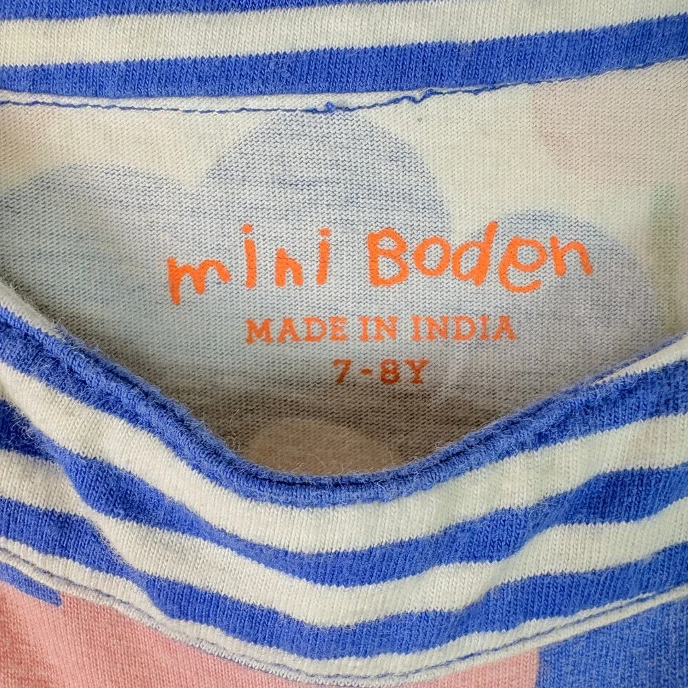 Mini Boden Floral Dress Kids 7-8Y Blue Pink Excellent Long Sleeve Striped Pocket